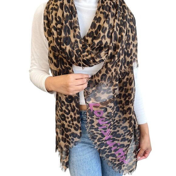 LOUIS VUITTON Vintage Leopard Animal Graffiti Scarf Wrap Brown Cashmere [105649] - Picture 1 of 11